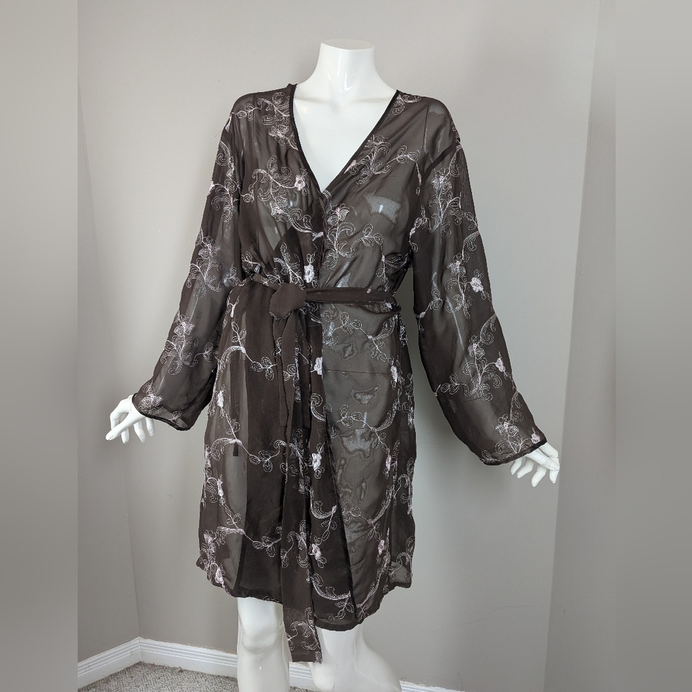 Y2K La Vie en Rose Sheer Embroidered Robe | Brown & Pink Floral Tie Waist | Size